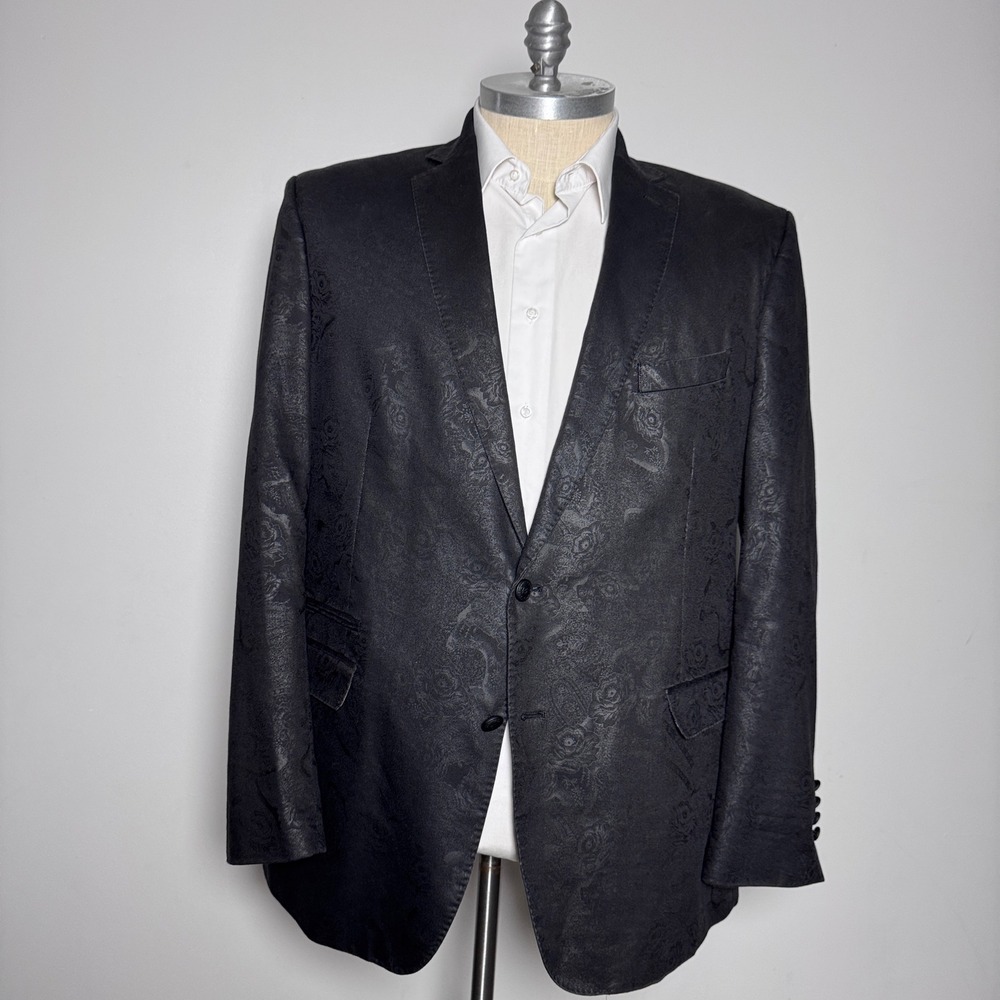 Tallia Blazer Mens 50L Black Floral Jacquard Two Button Notch Lapel Sport Coat